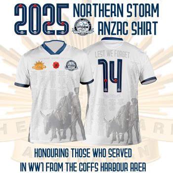 The 2025 Northern Storm Anzac shirt was designed to honour & commemorate the soldiers from the Coffs Harbour area who fought in WW1.